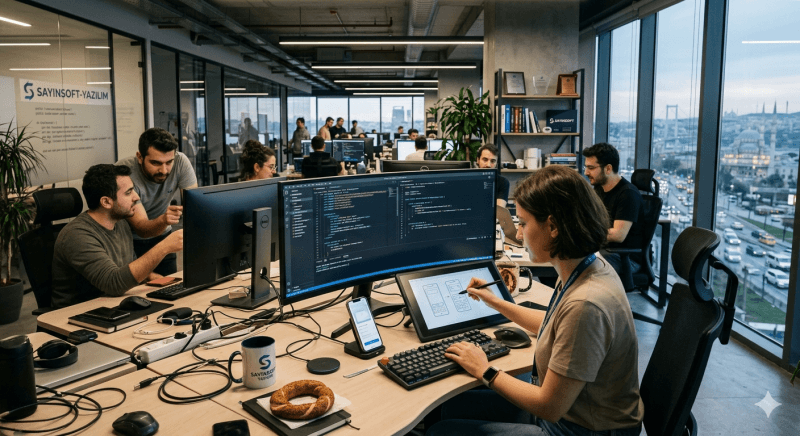sayinsoft istanbul ofisinde mobil uygulama gelistirme sureci ve teknik ikonlar